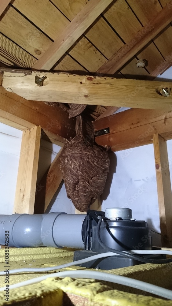 Obraz premium 298)Japanese yellow hornet nest under the eaves of a one-story detached house(Photo taken at 23:43 on august 12, 2015) vespa simillima xanthoptera