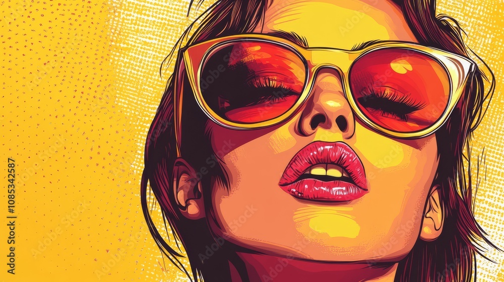 Sun-Kissed Glamour: A vibrant, stylized portrait of a woman wearing bold sunglasses, her lips painted a striking shade of pink, radiating confidence and summery allure. Sun-Kissed Glamour: A vibrant, stylized portrait of a woman wearing bold sunglasses, her lips painted a striking shade of pink, radiating confidence and summery allure.
