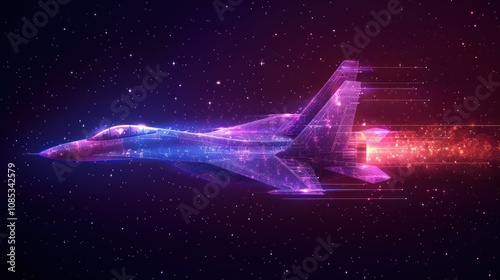 A futuristic jet fighter plane with glowing lights and trails in space.