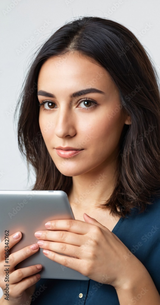 Woman holding a digital tablet isolated on white background. Woman holding a digital tablet isolated on white background.