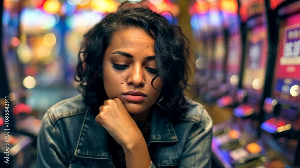 Young woman feeling sad while gambling in a casino Young woman feeling sad while gambling in a casino