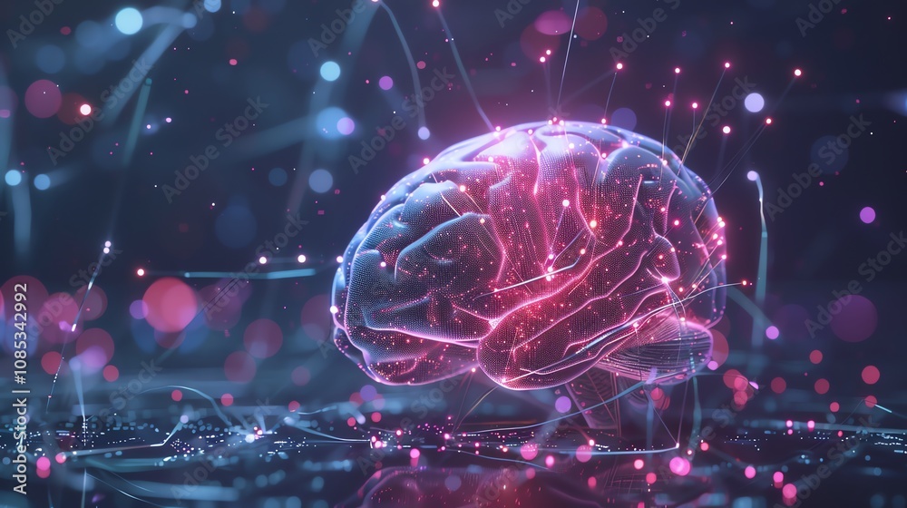 A digital rendering of a brain with glowing lines and dots.