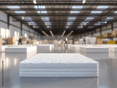 Mattress Manufacturing: A close-up of a pristine mattress in a bustling warehouse, with the blur of workers and stacked boxes showcasing the scale of production.   photo