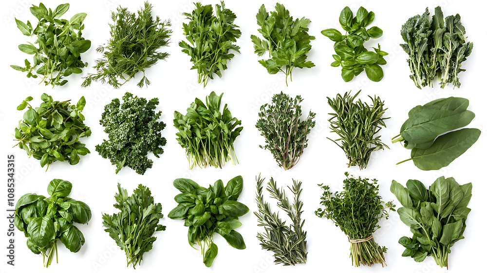 Naklejka premium Fresh herbs arranged neatly on white background, showcasing variety of greens including basil, parsley, and thyme, perfect for culinary use and healthy cooking