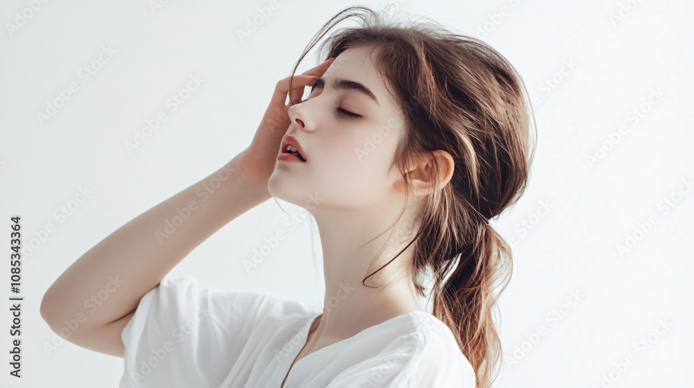 Portrait of a young woman with closed eyes and hand on her head. She exudes serenity and natural beauty. Portrait of a young woman with closed eyes and hand on her head. She exudes serenity and natural beauty.