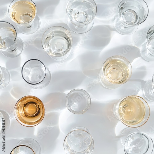 Wallpaper Mural Aerial View of Various Glasses with Different Drinks and Clear Water on Light Surface Creating Interesting Patterns and Reflections in Soft Natural Light Torontodigital.ca