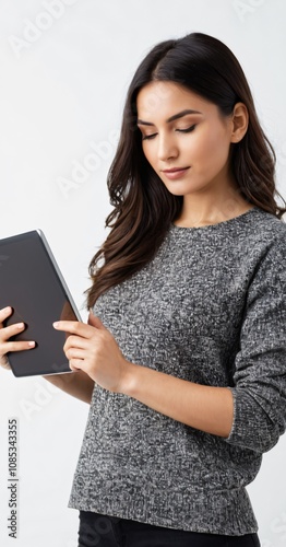 Woman holding a digital tablet isolated on white background.