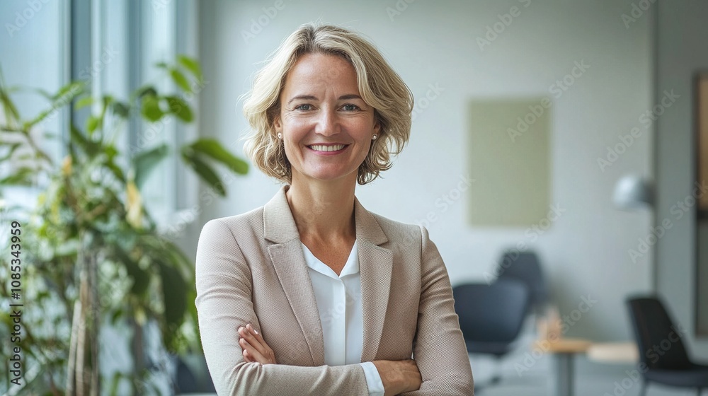 Fototapeta premium Professional Businesswoman with Short Hair Smiling Confidently in Modern Corporate Office Environment Surrounded by Indoor Plants and Contemporary Furniture