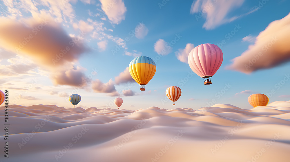 Obraz premium Hot air balloons soar gracefully over serene desert landscape, creating vibrant spectacle against stunning sky. colorful balloons contrast beautifully with soft, sandy dunes