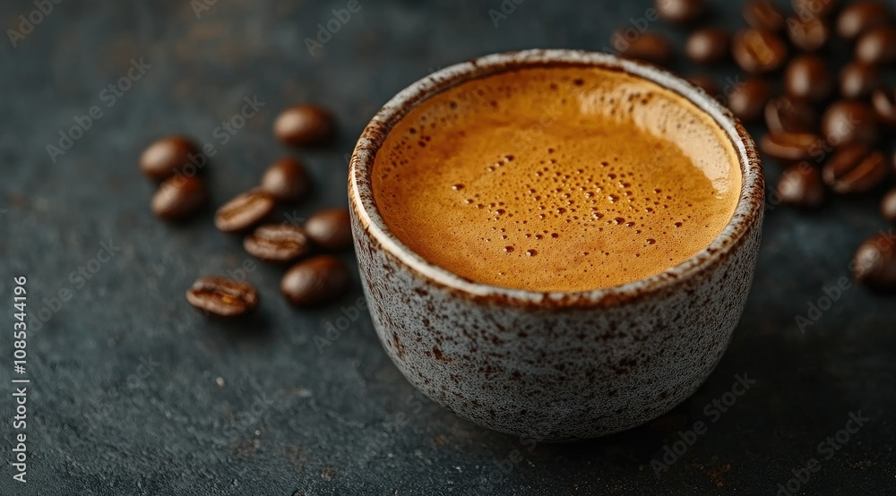 Close-up of espresso in a rustic cup with coffee beans. Close-up of espresso in a rustic cup with coffee beans.