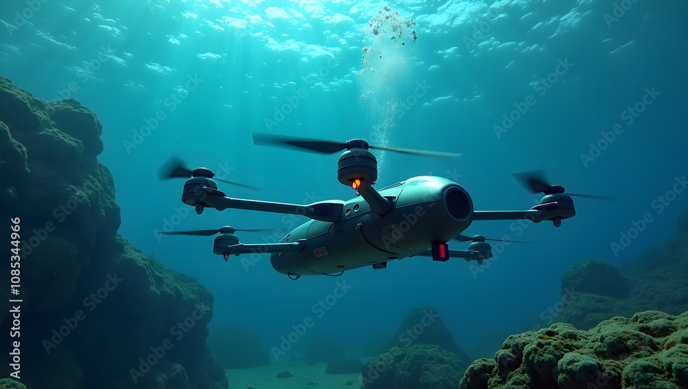 Obraz premium Autonomous drones explore vibrant underwater environments, capturing marine resources with precision and technology