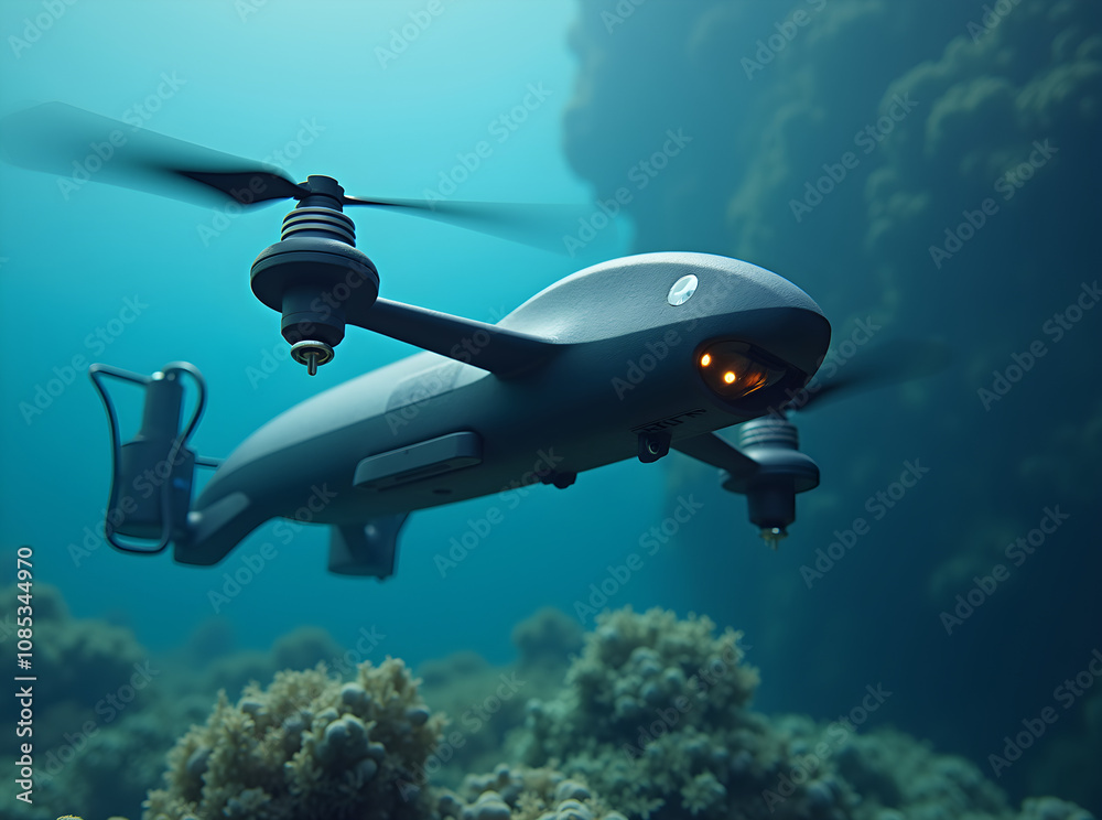 Obraz premium Autonomous underwater drones navigate through vibrant coral reefs, exploring rich marine resources in stunning ocean depths