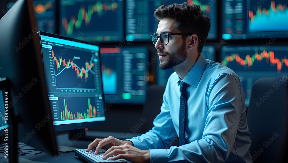 A financial analyst works intently on a virtual trading floor surrounded by multiple screens displaying market data and charts A financial analyst works intently on a virtual trading floor surrounded by multiple screens displaying market data and charts