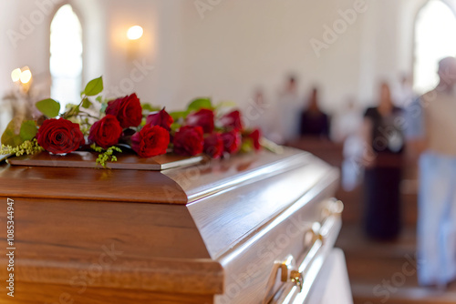 Close-Up of Coffin with Red Roses in Church Ceremony – Heartfelt Memorial Farewell