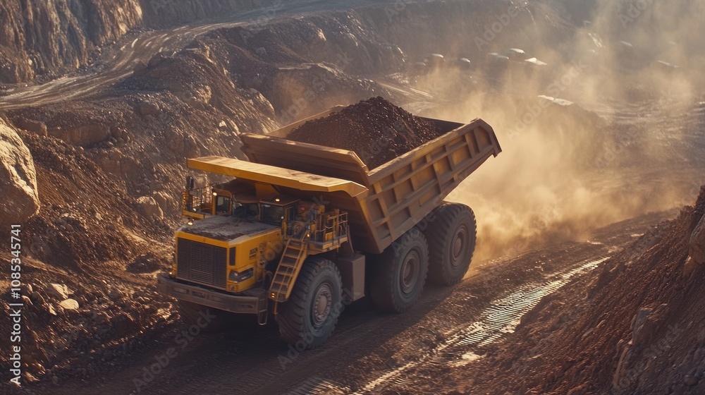 Obraz premium Yellow Dump Truck in a Mine Carrying a Load of Ore