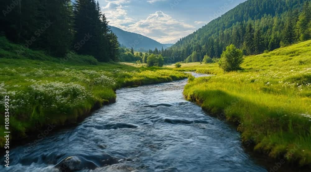 Scene of river flow in nature with mountain background, Slow motion camera with different angles