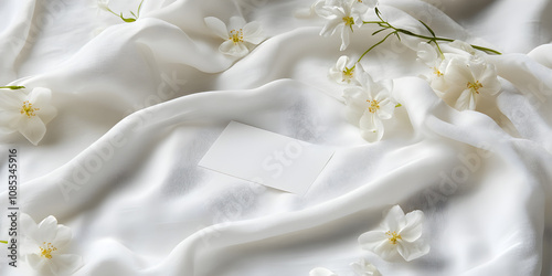 Minimalist photography showcases a clean white invitation card on soft white fabric adorned with delicate white flowers creating a serene and elegant composition