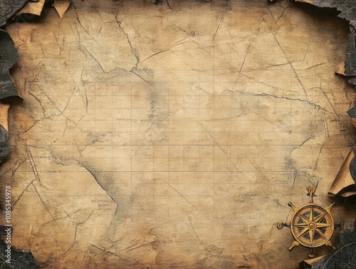 Vintage Aged Map Background with Nautical Compass Design for Adventure, Exploration, and Treasure Hunt Themes photo