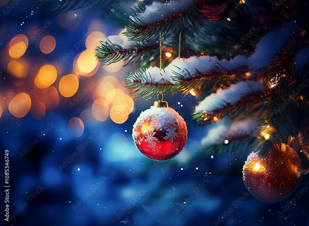 A snow-dusted red Christmas ornament hangs from a pine branch adorned with twinkling lights, set against a bokeh background of warm and cool colors. The scene evokes a feeling of winter magic and fes A snow-dusted red Christmas ornament hangs from a pine branch adorned with twinkling lights, set against a bokeh background of warm and cool colors. The scene evokes a feeling of winter magic and fes