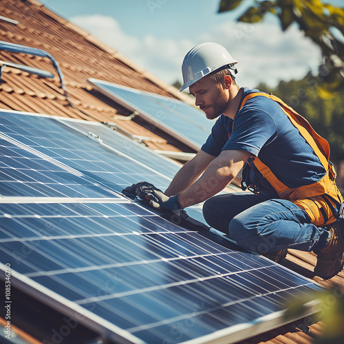 A technician installs solar panels on a roof under clear skies, showcasing renewable energy efforts and modern technology.