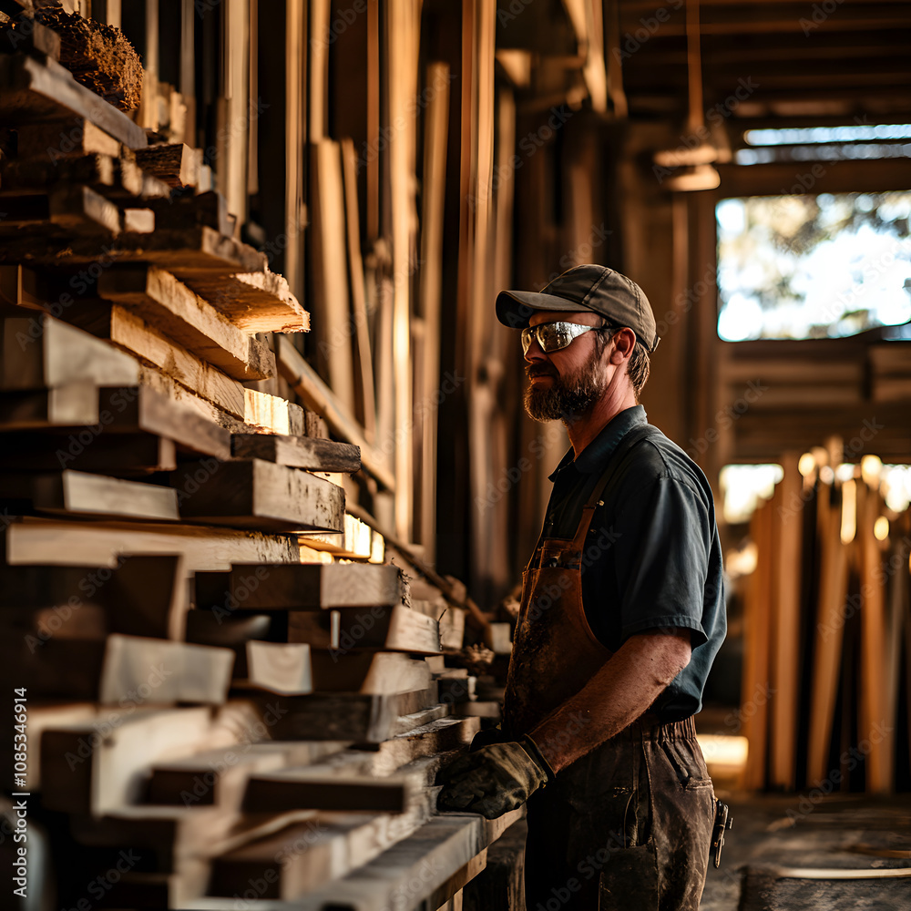 A woodworker examines stacked timber in a workshop, immersed in his craft amidst warm lighting and wooden textures. A woodworker examines stacked timber in a workshop, immersed in his craft amidst warm lighting and wooden textures.