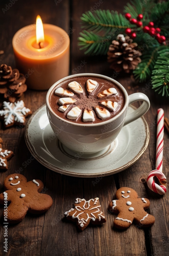 Cup of hot chocolate or cocoa with gingerbread cookie christmas composition on vintage wooden table background - generative ai Cup of hot chocolate or cocoa with gingerbread cookie christmas composition on vintage wooden table background - generative ai