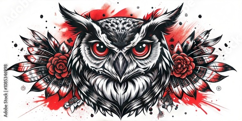 Unique Owl Design in Trash Polka Style with Ink Splashes