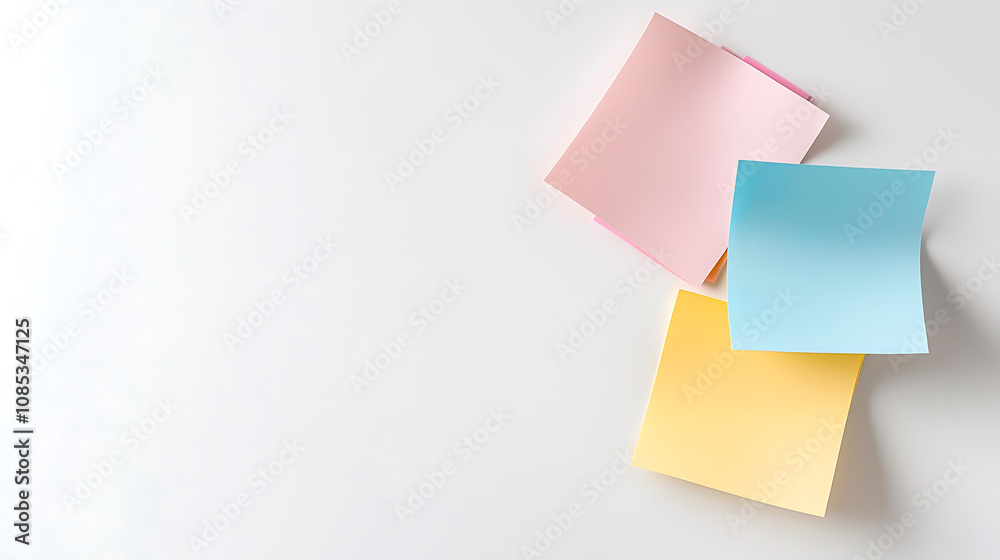 Fototapeta premium Colorful sticky notes arranged on white background create vibrant workspace. These notes in pink, blue, and yellow add cheerful touch to any office or study area