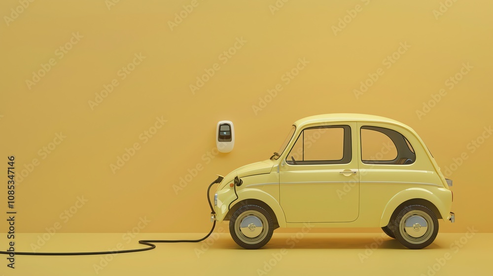 A yellow car charging on a yellow background. A yellow car charging on a yellow background.