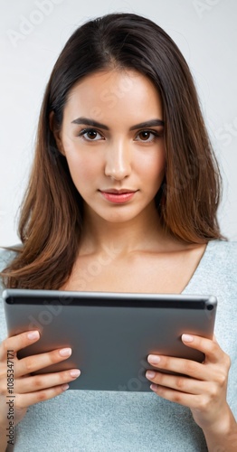 Woman holding a digital tablet isolated on white background.