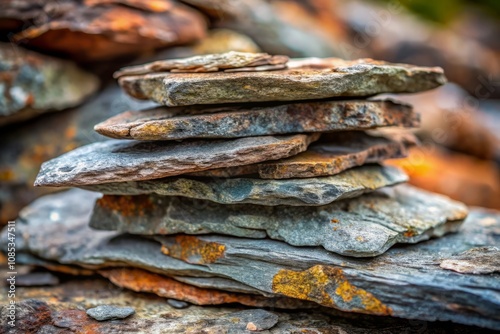 Macro Photography of a Stack of Four Flattened Gray and Brown Rocks Showcasing Natural Textures and Patterns in Earthy Tones for Nature and Landscape Enthusiasts photo