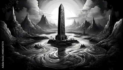 obelisk surrounded by whirlpools