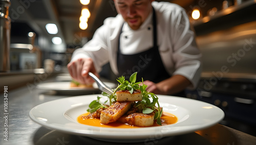 A chef presents a beautifully plated dish featuring sautéed fish with vibrant greens and sauce in a modern kitchen setting