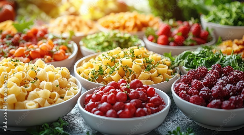 Colorful bowls of pasta salad, fruits, and vegetables. Colorful bowls of pasta salad, fruits, and vegetables.