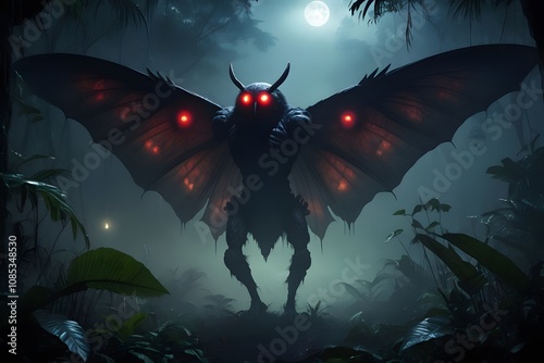  Mothman in a dark forest, mythology character, cryptozoology character, urban legend