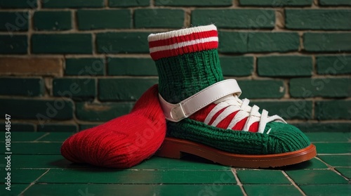 Noel concept with red and white sock on green brick wall - generative ai photo