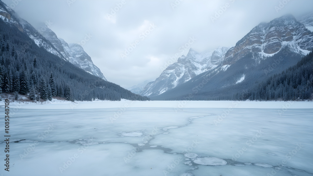 Fototapeta premium A serene winter landscape features a frozen lake surrounded by majestic mountains and snow-covered forests under a cloudy sky