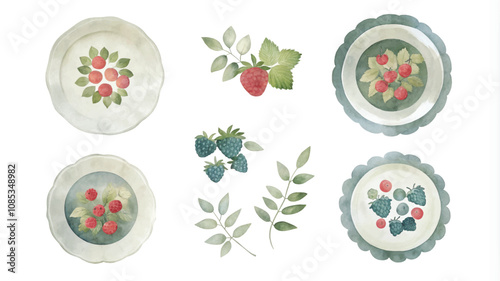 Watercolor illustration of a set of plates with berries and leaves.
