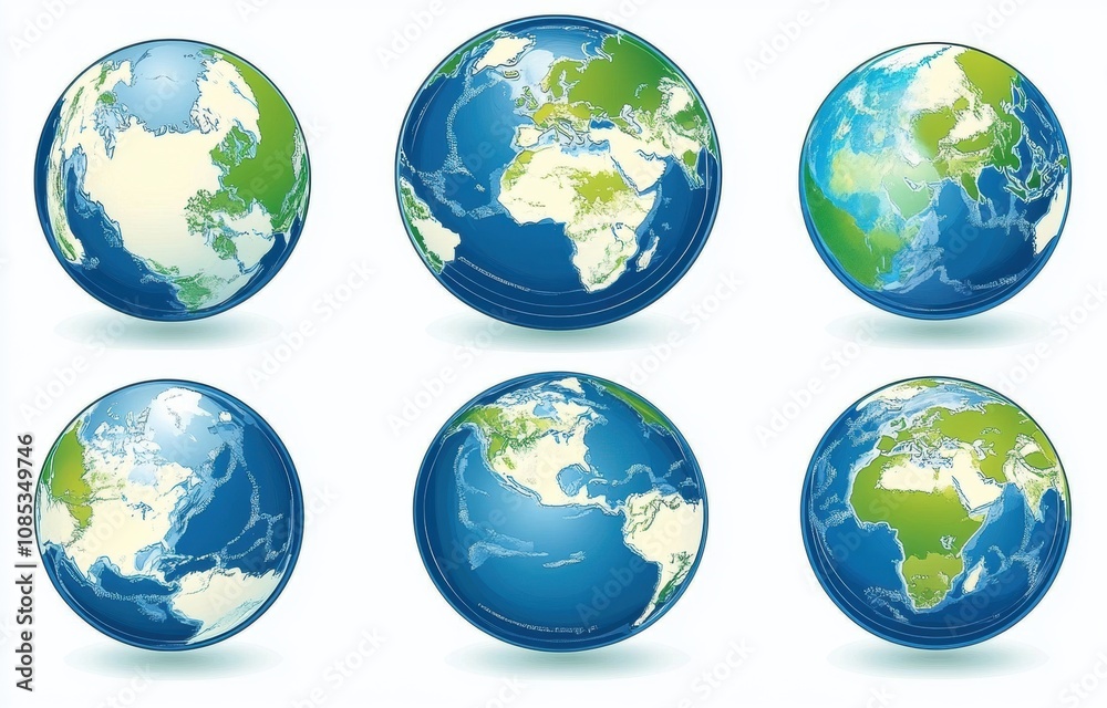 Six Illustrations of Globes Depicting Different Views of Earth with Detailed Land and Ocean Features in Vibrant Colors for Educational and Creative Use Six Illustrations of Globes Depicting Different Views of Earth with Detailed Land and Ocean Features in Vibrant Colors for Educational and Creative Use
