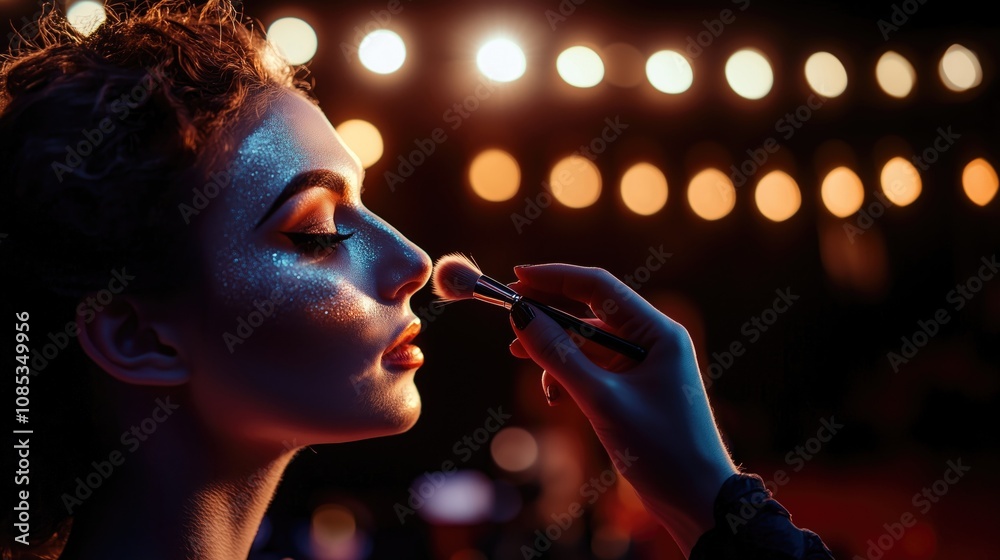 Fototapeta premium A professional makeup artist applies shimmering makeup to a model under warm studio lights, creating a glamorous evening look.