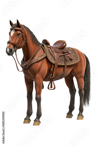 A detailed 3D render of a brown horse equipped with a leather saddle and bridle, ready for riding or training.