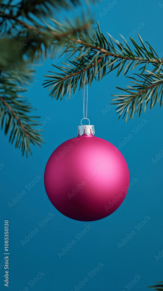 Aesthetic pink christmas toy ball hanging on fir branches, blue background. Festive template. Generative AI Aesthetic pink christmas toy ball hanging on fir branches, blue background. Festive template. Generative AI