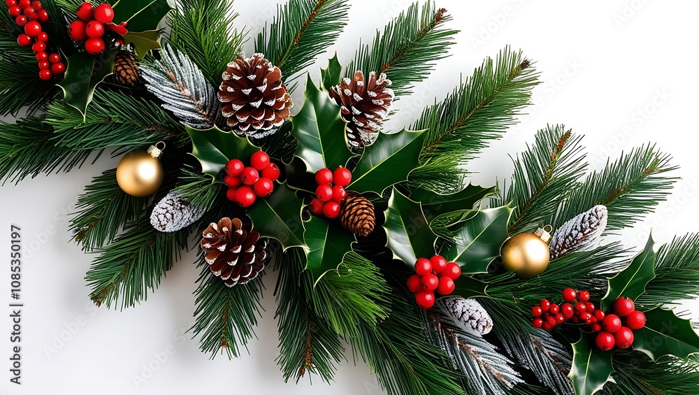 Elegant Christmas Garland with Pine Branches, Holly Berries, Pinecones, and Golden Ornaments – Frosted Winter Holiday Decor Elegant Christmas Garland with Pine Branches, Holly Berries, Pinecones, and Golden Ornaments – Frosted Winter Holiday Decor