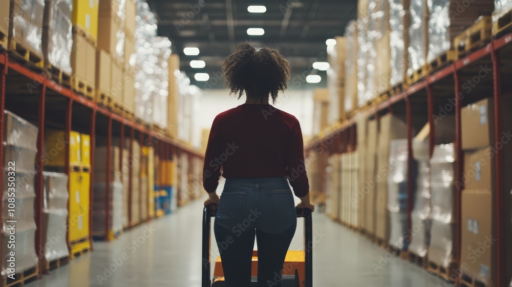 Warehouse Worker Pushing Cart Down Aisle Warehouse Worker Pushing Cart Down Aisle