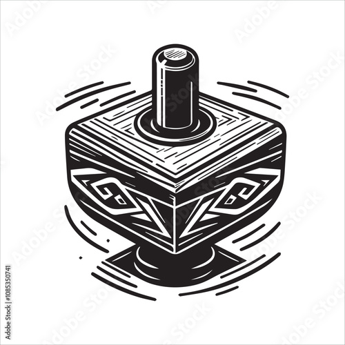 Modern, stylized Dreidel spinning in a mystical vortex. A bold, graphic black and white illustration of a Dreidel, the traditional Jewish spinning top.