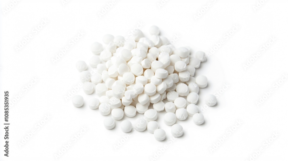 A Pile of Sweetener Tablets on White Background: Sugar Substitute for Diet and Health A Pile of Sweetener Tablets on White Background: Sugar Substitute for Diet and Health