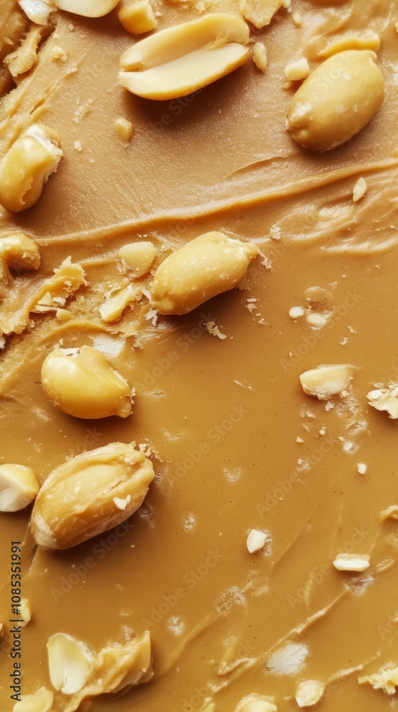 Peanut Butter Swirl: A close-up, macro photograph showcasing the rich, smooth texture of peanut butter with scattered peanut pieces, perfect for food blogs, packaging, or product marketing. Peanut Butter Swirl: A close-up, macro photograph showcasing the rich, smooth texture of peanut butter with scattered peanut pieces, perfect for food blogs, packaging, or product marketing.