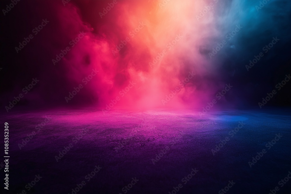 Fototapeta premium Moody pink and blue neon lights illuminate a dark, smoky scene. The vibrant colors create a dramatic, atmospheric effect.