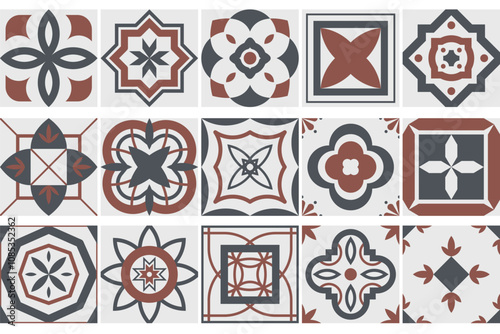 Collection of seamless geometric mosaic patterns - trendy color tile textures. Decorative ornamental backgrounds. Vector repeatable tileable prints