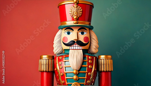a classic nutcracker on a red and green background